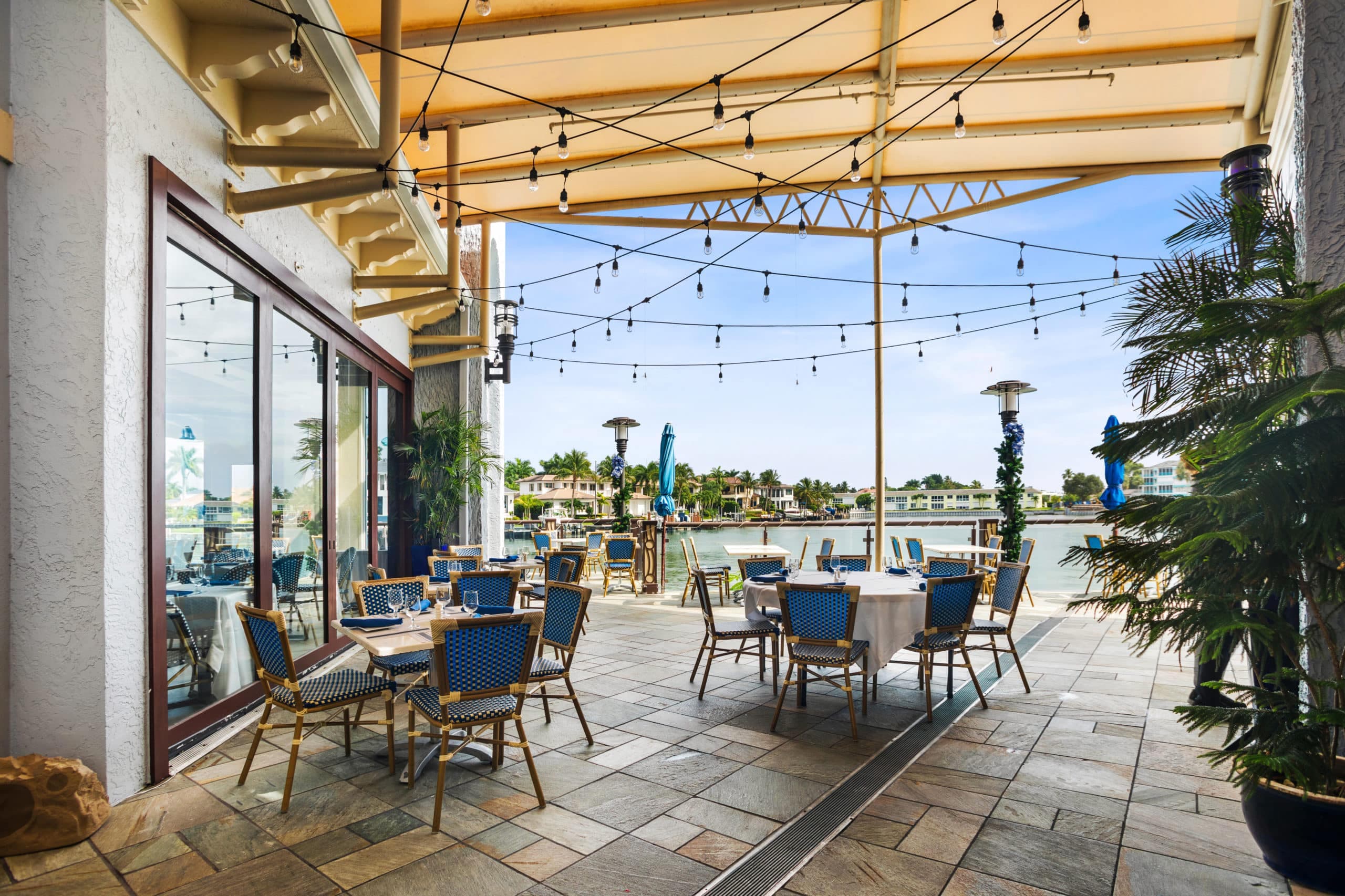 FISH Restaurant's waterfront terrace set for a private event on Venetian Bay